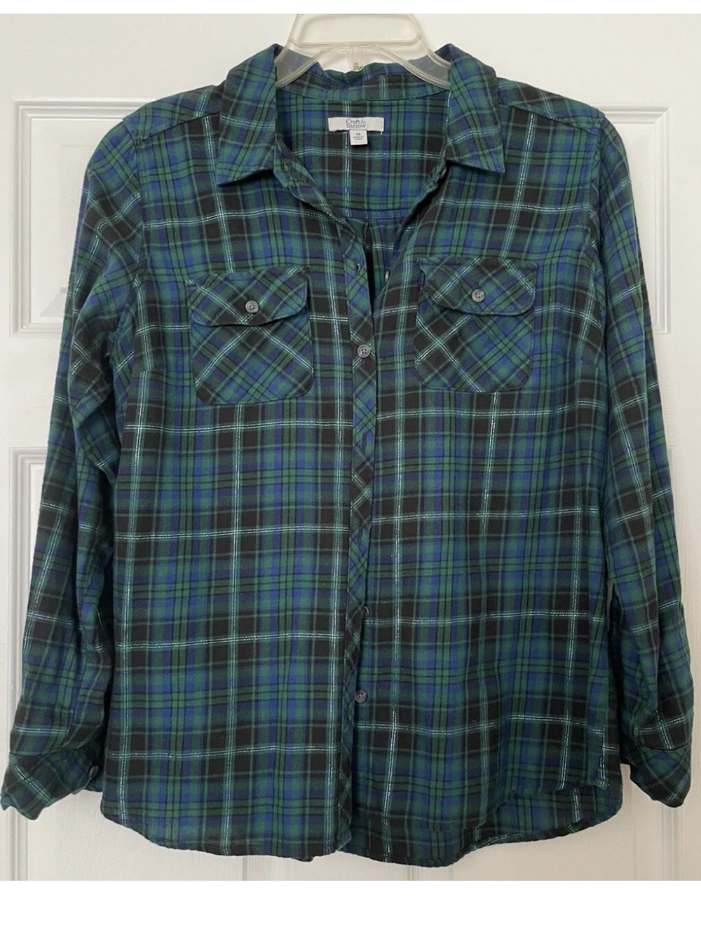 Croft & Barrow Green & Blue Flannel Plaid Top w/ Silver Metallic Thread Size M